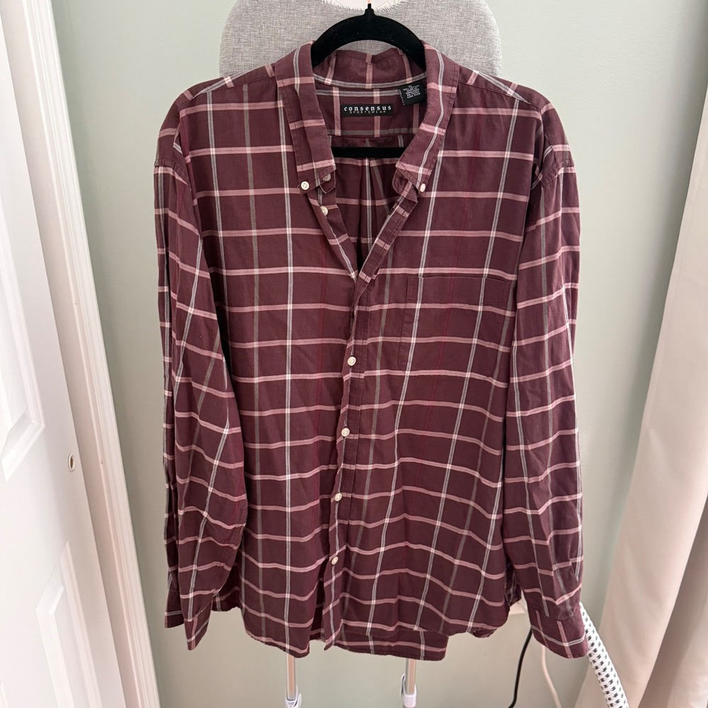 Consensus Sportswear Mens XL Plaid Shirt Burgundy Cotton 90s Preppy Grandpa Core